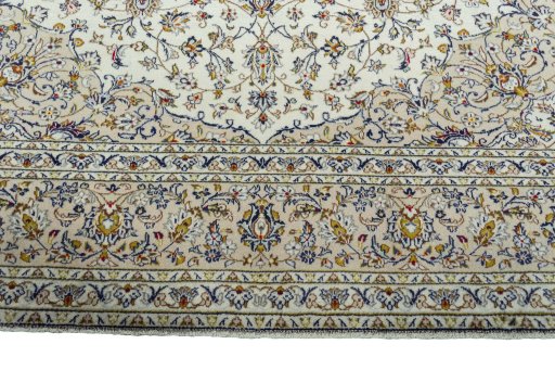 Full view of 2000s Kashan rug from Iran / Persia, 388 × 287 cm in Beige tones