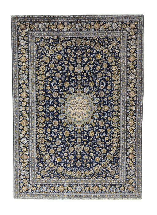 Full view of 2000s Kashan rug from Iran / Persia, 415 × 295 cm in Blue tones