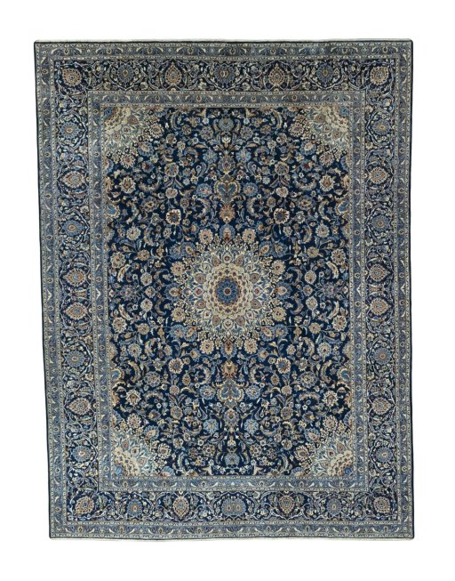 Full view of 2000s Kashan rug from Iran / Persia, 407 × 305 cm in Blue tones