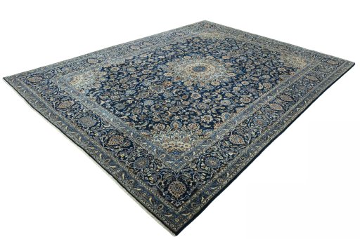 Corner detail of 2000s Kashan rug showing border pattern and Wool pile