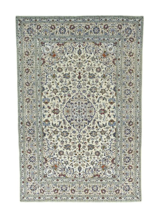 Full view of 2000s Kashan rug from Iran / Persia, 292 × 196 cm in Beige tones