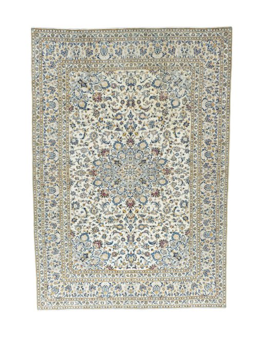 Full view of 2000s Kashan rug from Iran / Persia, 355 × 250 cm in Beige tones