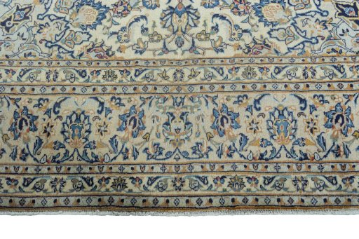 Full view of 2000s Kashan rug from Iran / Persia, 355 × 250 cm in Beige tones