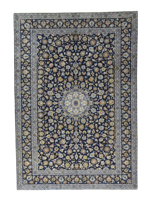 Full view of 2000s Kashan rug from Iran / Persia, 441 × 307 cm in Blue tones