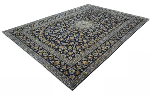 Corner detail of 2000s Kashan rug showing border pattern and Wool pile