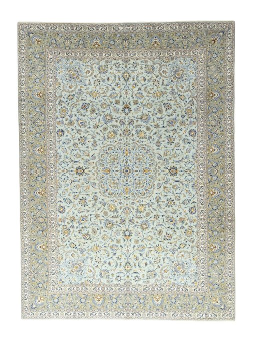 Full view of 2000s Kashan rug from Iran / Persia, 420 × 308 cm in Blue tones