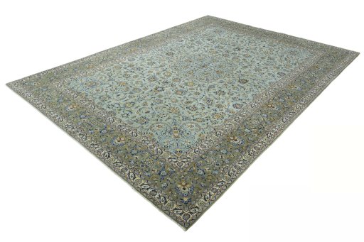 Corner detail of 2000s Kashan rug showing border pattern and Wool pile