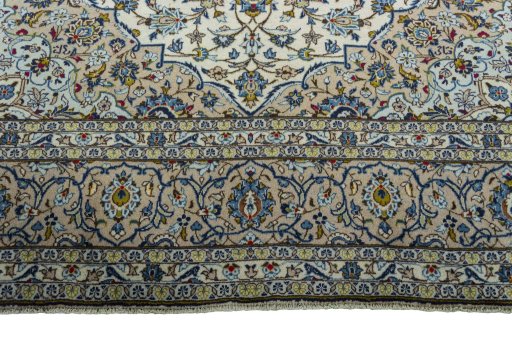 Full view of 2000s Kashan rug from Iran / Persia, 350 × 252 cm in Beige tones