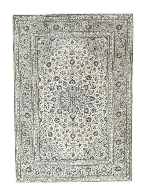 Full view of 2000s Kashan rug from Iran / Persia, 343 × 243 cm in Beige tones