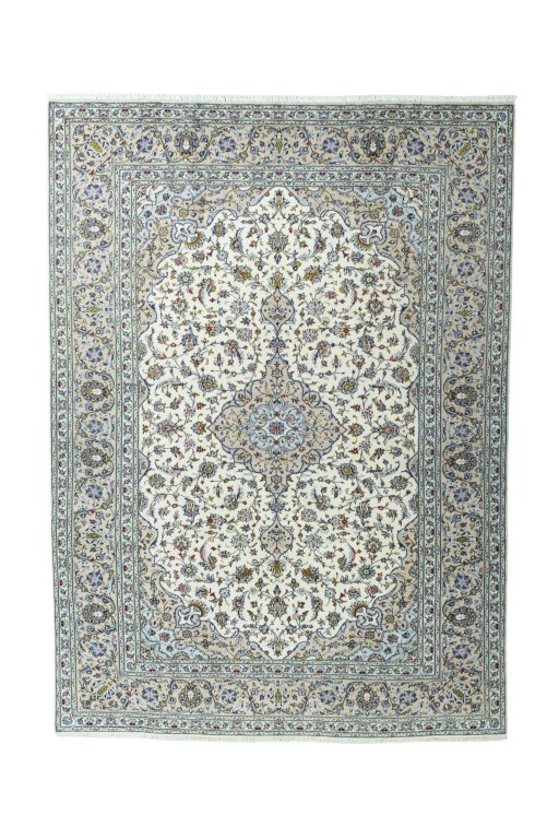Full view of 2000s Kashan rug from Iran / Persia, 347 × 251 cm in Beige tones