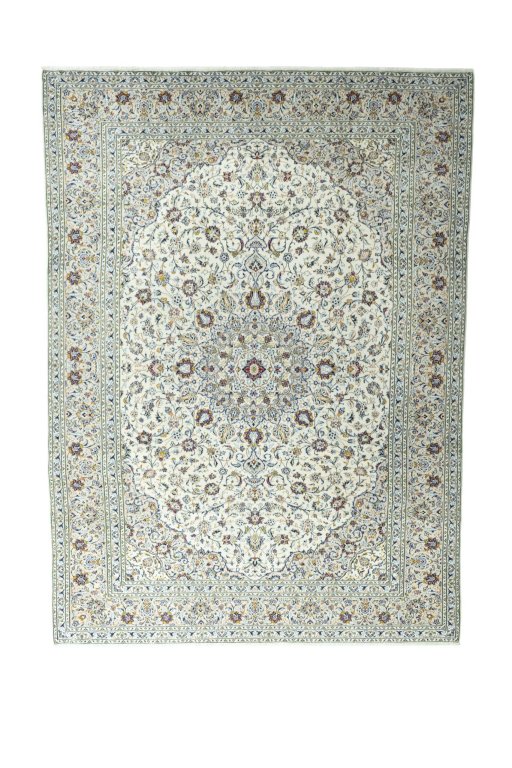 Full view of 2000s Kashan rug from Iran / Persia, 403 × 295 cm in Beige tones