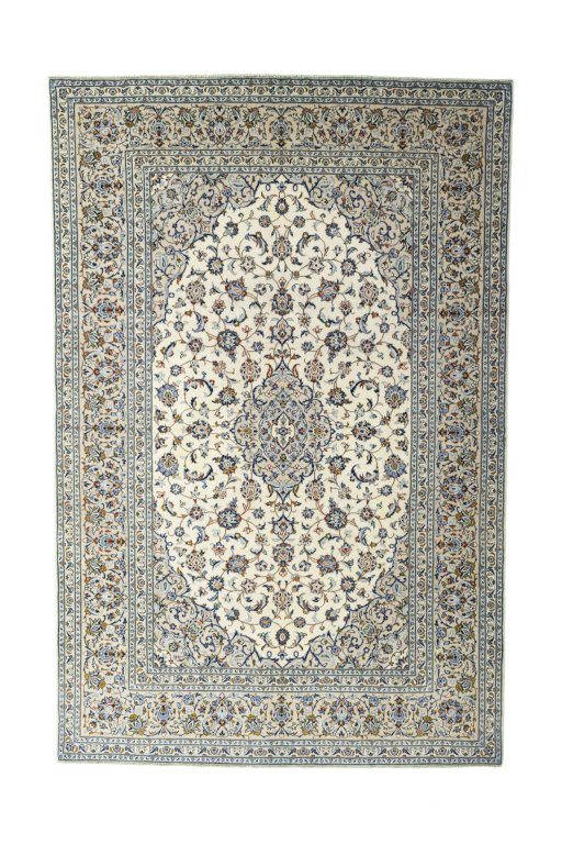 Full view of 2000s Kashan rug from Iran / Persia, 301 × 200 cm in Beige tones
