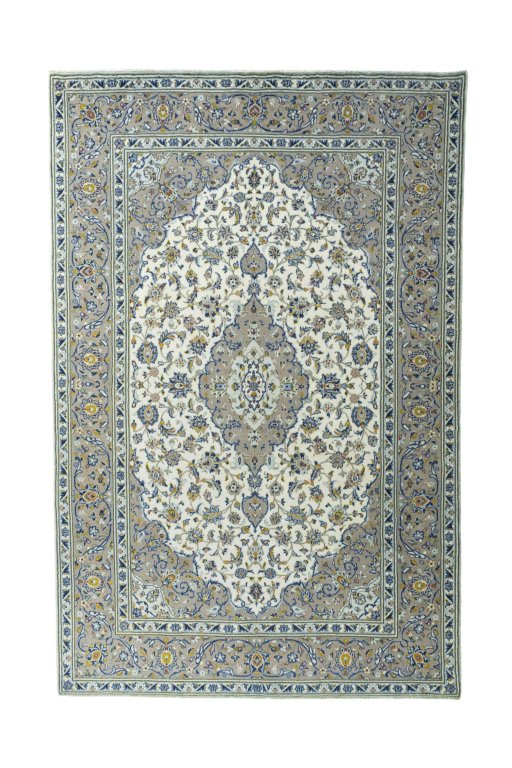 Full view of 2000s Kashan rug from Iran / Persia, 310 × 203 cm in Beige tones