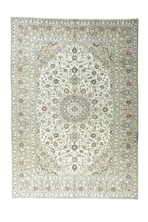 Full view of 2000s Kashan rug from Iran / Persia, 351 × 251 cm in Beige tones