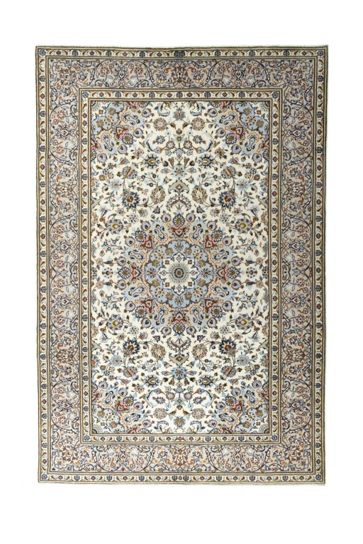 Full view of 2000s Kashan rug from Iran / Persia, 303 × 203 cm in Beige tones