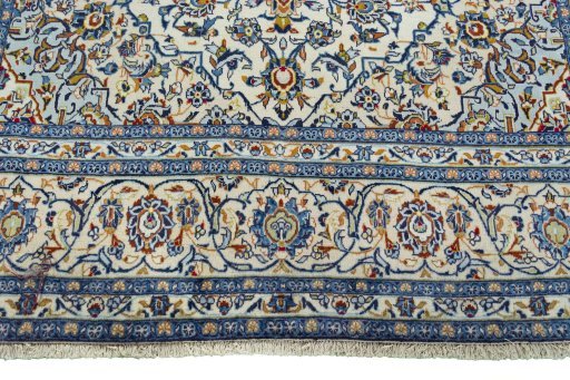 Full view of 2000s Kashan rug from Iran / Persia, 371 × 245 cm in Beige tones