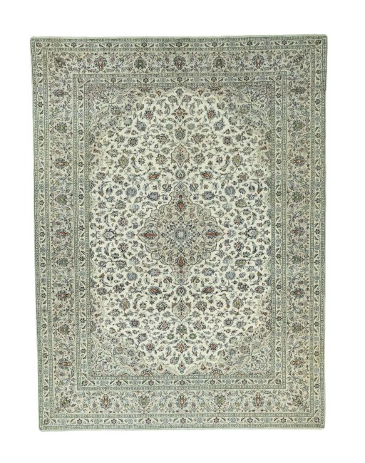 Full view of 2000s Kashan rug from Iran / Persia, 407 × 303 cm in Beige tones