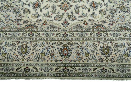 Full view of 2000s Kashan rug from Iran / Persia, 407 × 303 cm in Beige tones
