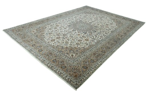 Corner detail of 2000s Kashan rug showing border pattern and Wool pile