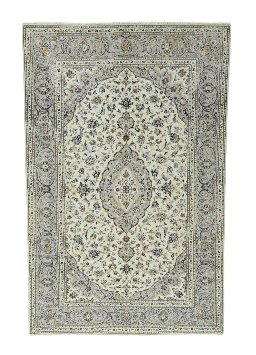 Full view of 2000s Kashan rug from Iran / Persia, 302 × 196 cm in Beige tones