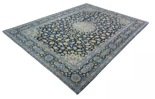 Corner detail of 2000s Kashan rug showing border pattern and Wool pile