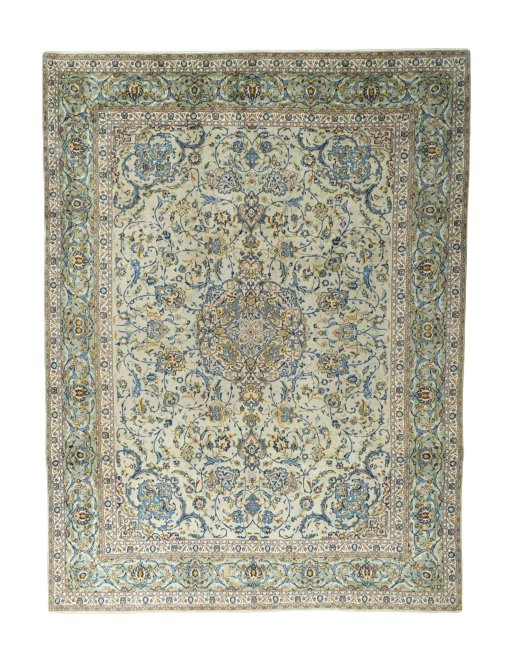 Full view of 2000s Kashan rug from Iran / Persia, 393 × 295 cm in Green tones