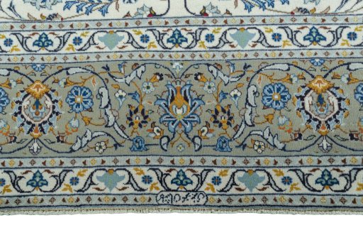 Full view of 2000s Kashan rug from Iran / Persia, 399 × 271 cm in Beige tones