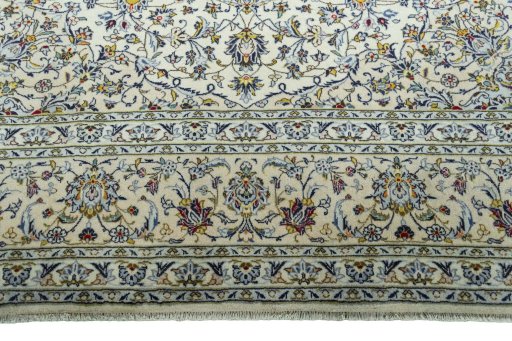 Full view of 2000s Kashan rug from Iran / Persia, 392 × 296 cm in Beige tones