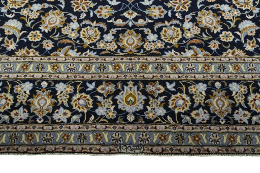Full view of 2000s Kashan rug from Iran / Persia, 405 × 311 cm in Blue tones