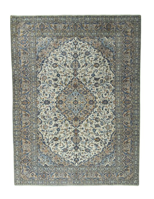 Full view of 2000s Kashan rug from Iran / Persia, 400 × 302 cm in Beige tones