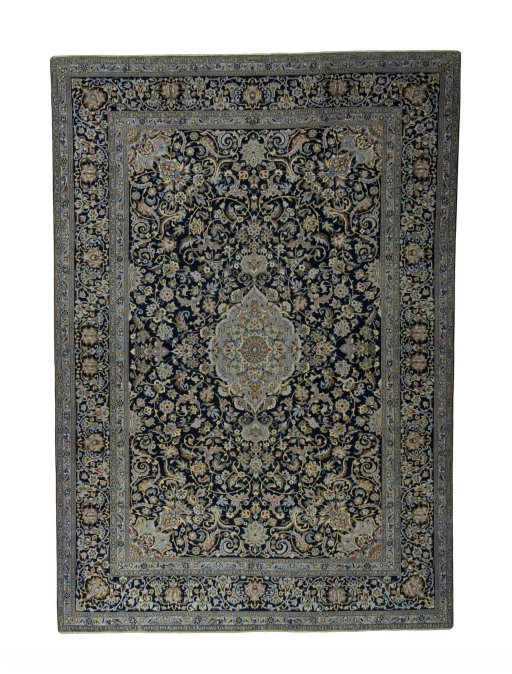 Full view of 2000s Kashan rug from Iran / Persia, 405 × 282 cm in Blue tones