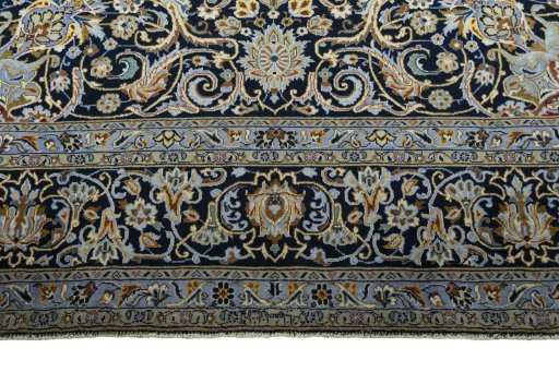 Full view of 2000s Kashan rug from Iran / Persia, 405 × 282 cm in Blue tones