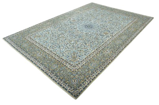 Corner detail of 2000s Kashan rug showing border pattern and Wool pile