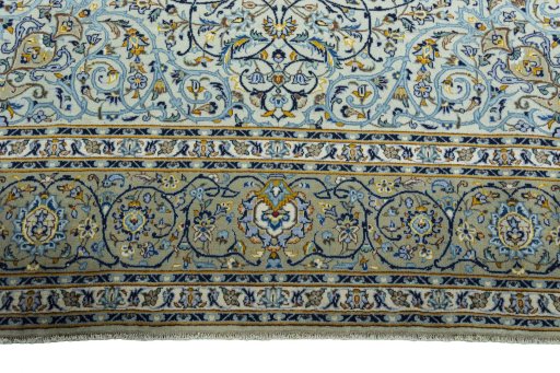Full view of 2000s Kashan rug from Iran / Persia, 386 × 262 cm in Green tones