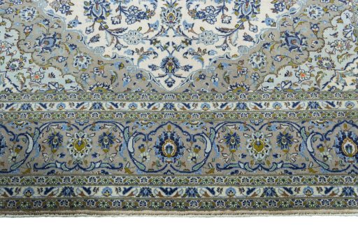 Full view of 2000s Kashan rug from Iran / Persia, 342 × 250 cm in Beige tones