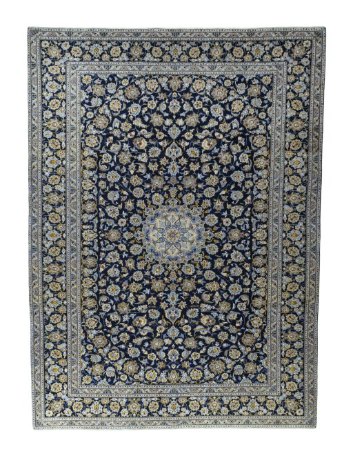 Full view of 2000s Kashan rug from Iran / Persia, 421 × 310 cm in Blue tones