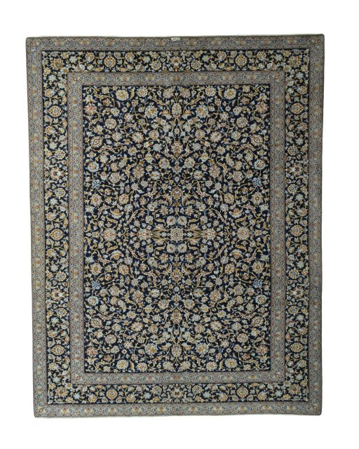 Full view of 2000s Kashan rug from Iran / Persia, 405 × 313 cm in Blue tones