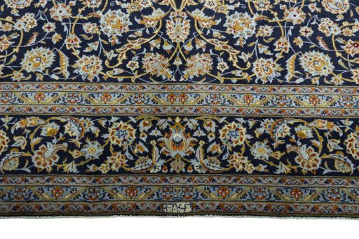 Full view of 2000s Kashan rug from Iran / Persia, 405 × 313 cm in Blue tones