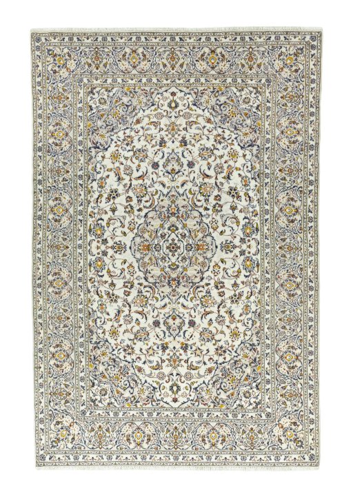 Full view of 2000s Kashan rug from Iran / Persia, 319 × 213 cm in Beige tones