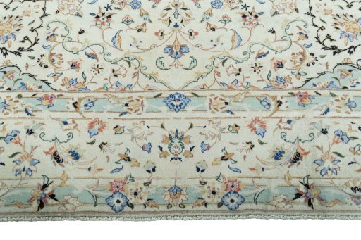 Full view of New Kashan rug from Iran / Persia, 380 × 295 cm in Beige tones