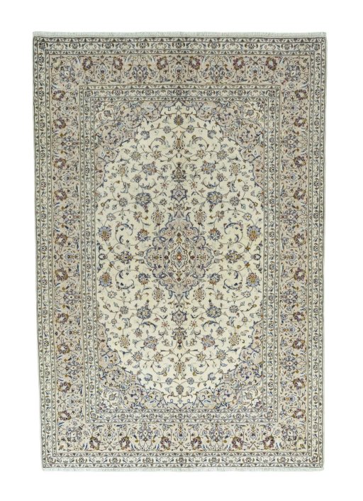 Full view of 2000s Kashan rug from Iran / Persia, 302 × 202 cm in Beige tones