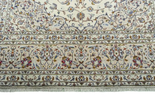 Full view of 2000s Kashan rug from Iran / Persia, 302 × 202 cm in Beige tones