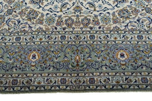 Full view of 2000s Kashan rug from Iran / Persia, 400 × 290 cm in Beige tones
