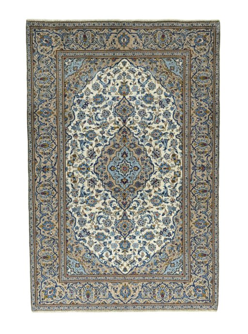 Full view of 2000s Kashan rug from Iran / Persia, 296 × 195 cm in Beige tones