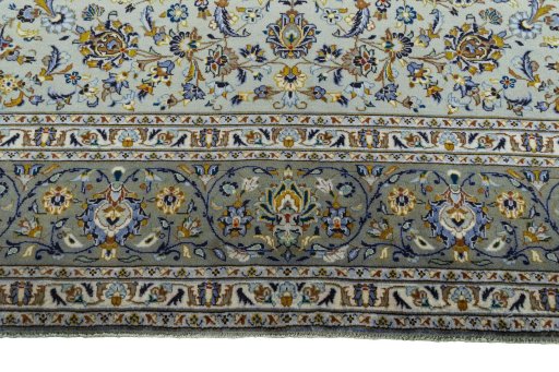Full view of 2000s Kashan rug from Iran / Persia, 423 × 303 cm in Green tones
