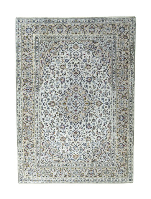 Full view of 2000s Kashan rug from Iran / Persia, 355 × 254 cm in Beige tones