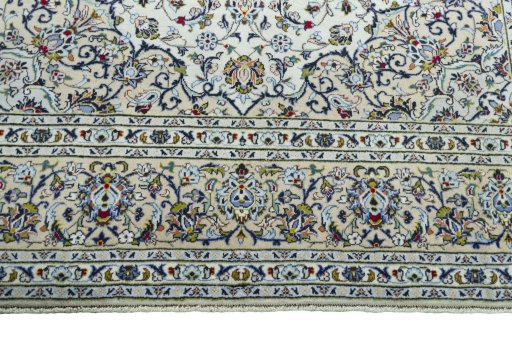 Full view of 2000s Kashan rug from Iran / Persia, 355 × 254 cm in Beige tones