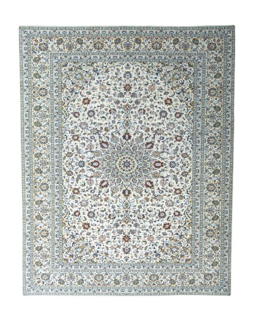 Full view of 2000s Kashan rug from Iran / Persia, 385 × 302 cm in Beige tones