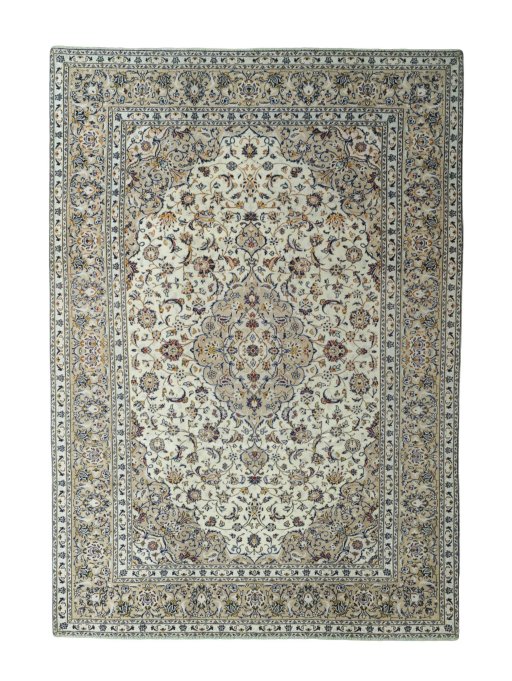Full view of 2000s Kashan rug from Iran / Persia, 345 × 243 cm in Beige tones