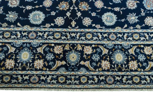 Full view of 2000s Kashan rug from Iran / Persia, 404 × 296 cm in Blue tones